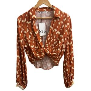NWT Zara linen blend printed crop blouse w/ beaded cuffs